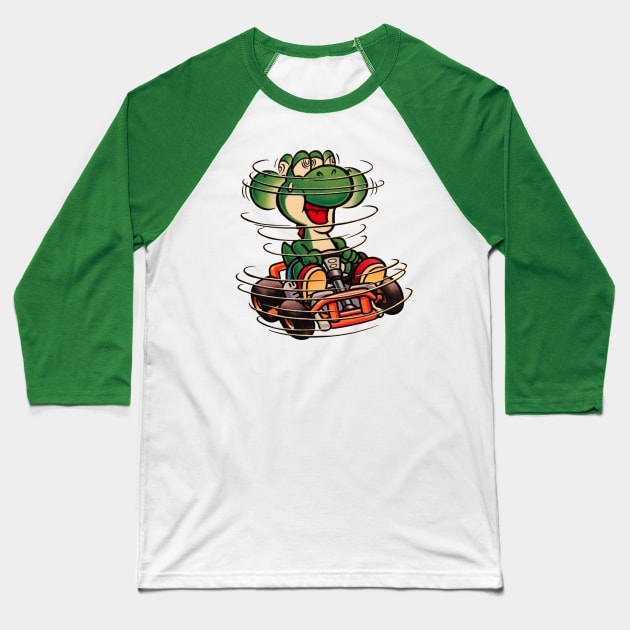 Dinosaur on go kart Baseball T-Shirt by cyclingnerd